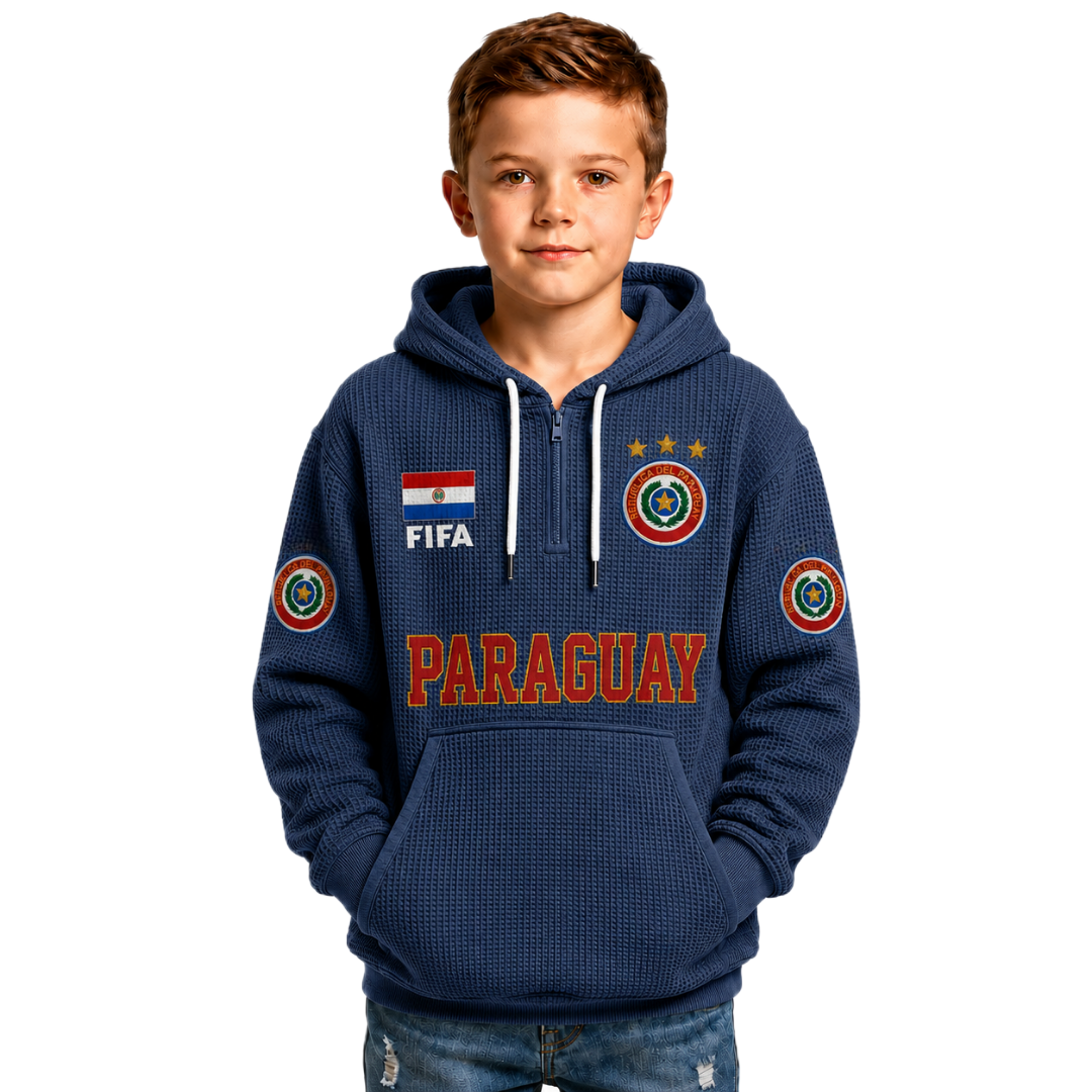 FIFA 2026 Paraguay Printed Waffle Quarter Zip Kids Football Fan Hoodie