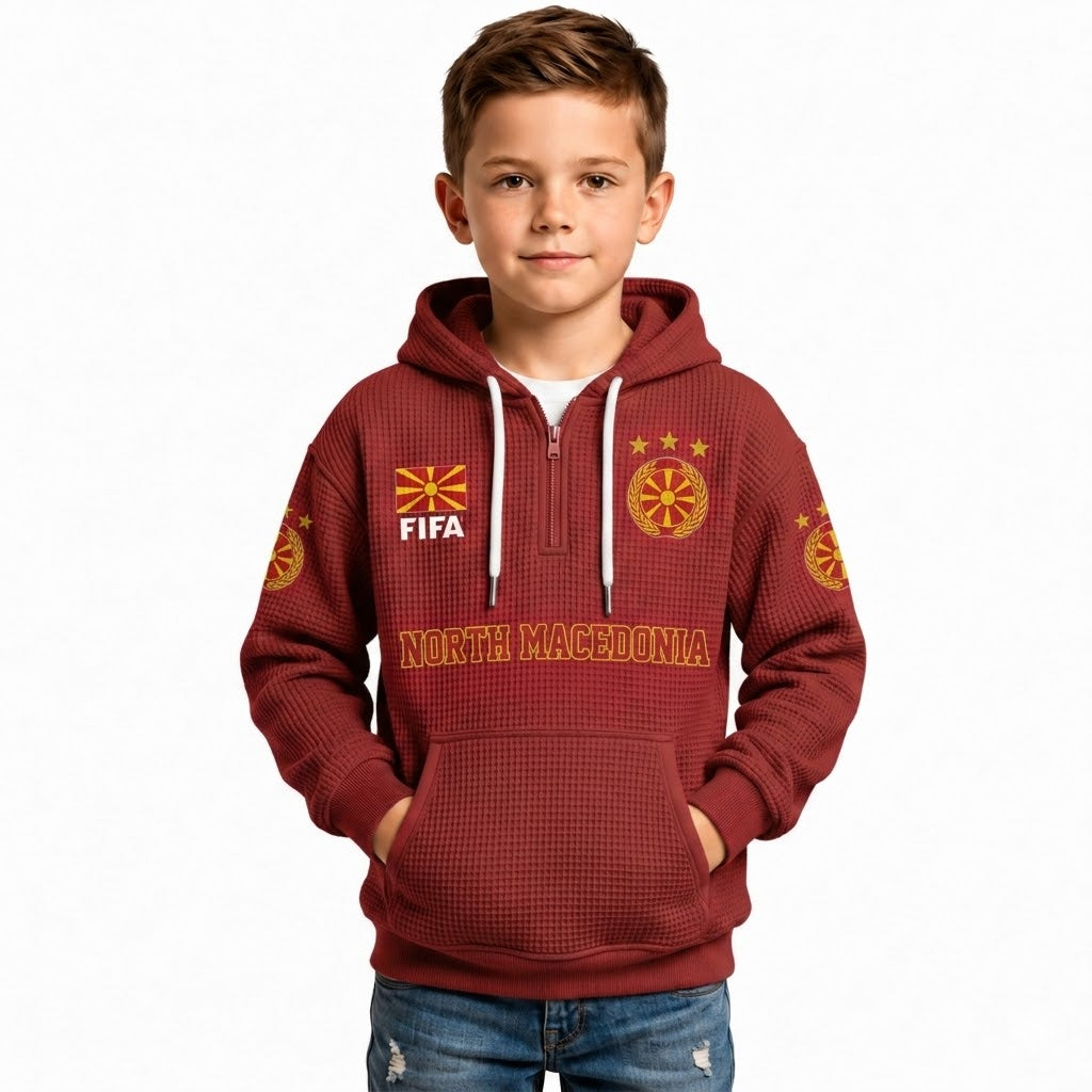 FIFA 2026 North Macedonia Printed Waffle Quarter Zip Kids Football Fan Hoodie