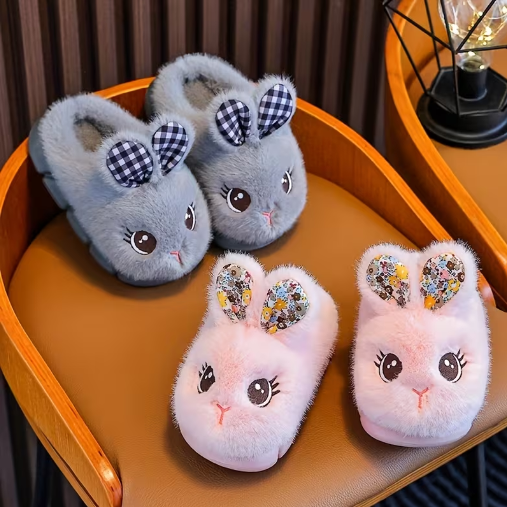 Kids Plush Bunny Slip On Slippers With Warm Lining And PVC Sole