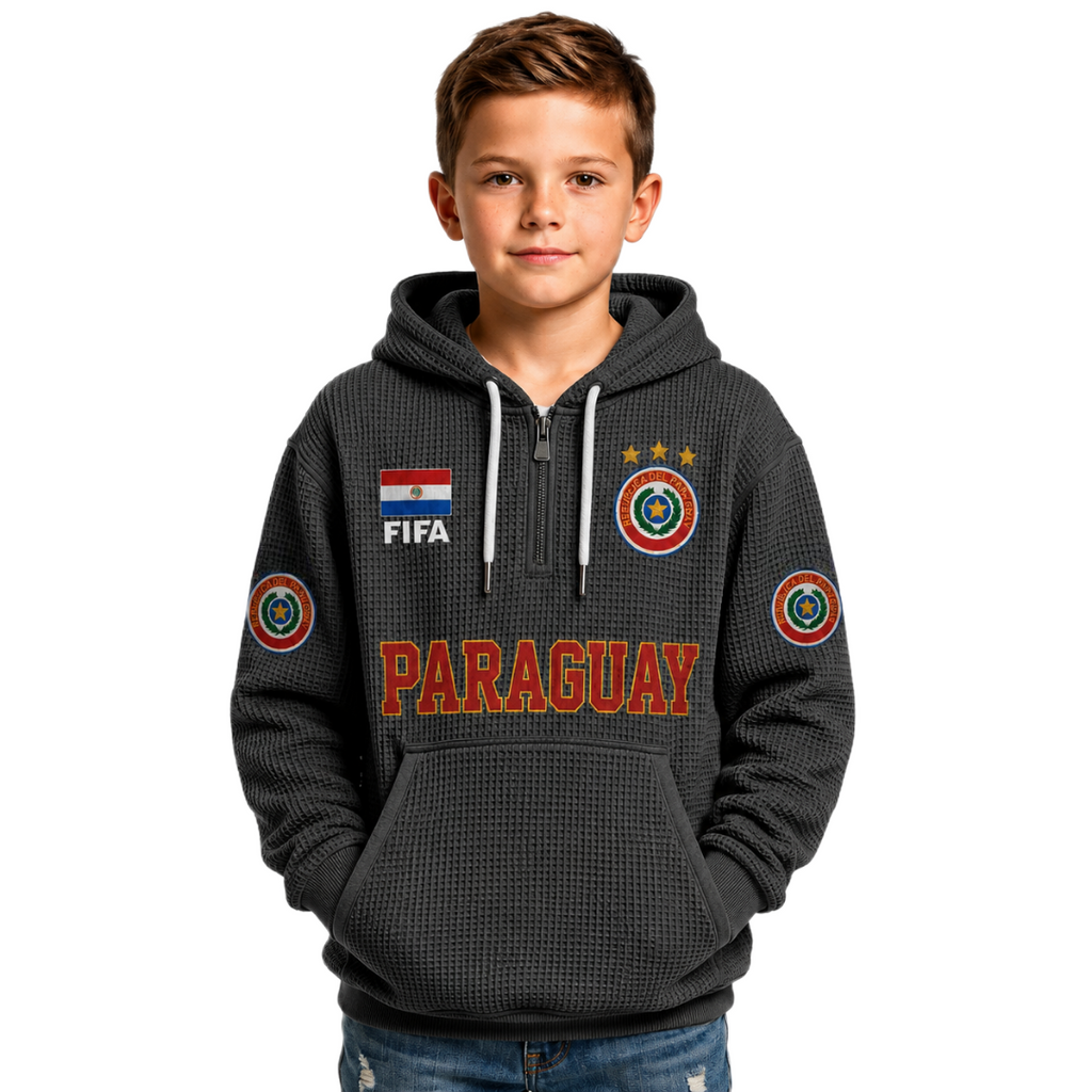 FIFA 2026 Paraguay Printed Waffle Quarter Zip Kids Football Fan Hoodie
