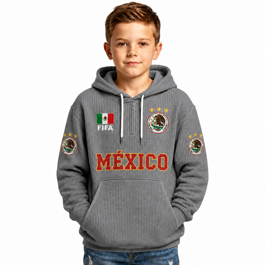 FIFA 2026 Mexico Printed Waffle Quarter Zip Kids Football Fan Hoodie