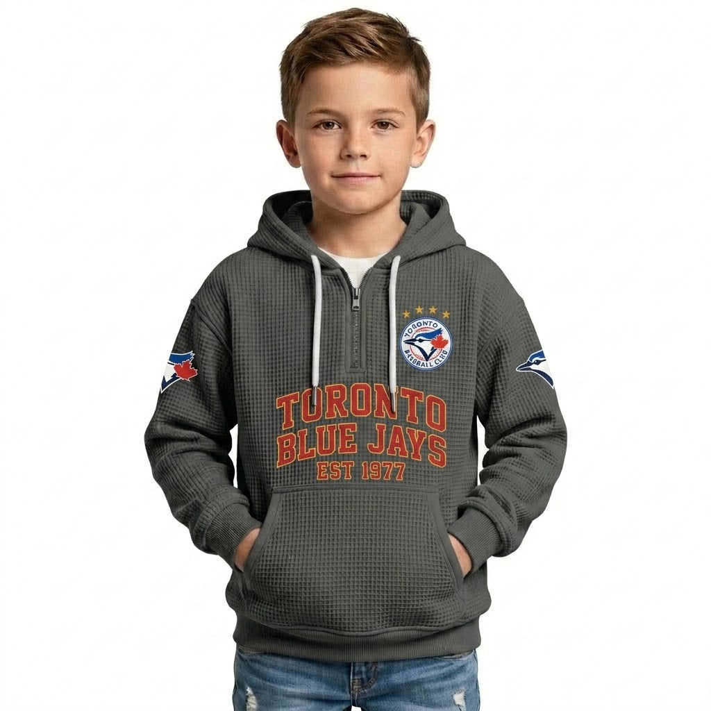 Toronto Blue Jays EST 1977 Kids Baseball Fan Printed Waffle Quarter Zip Hoodie