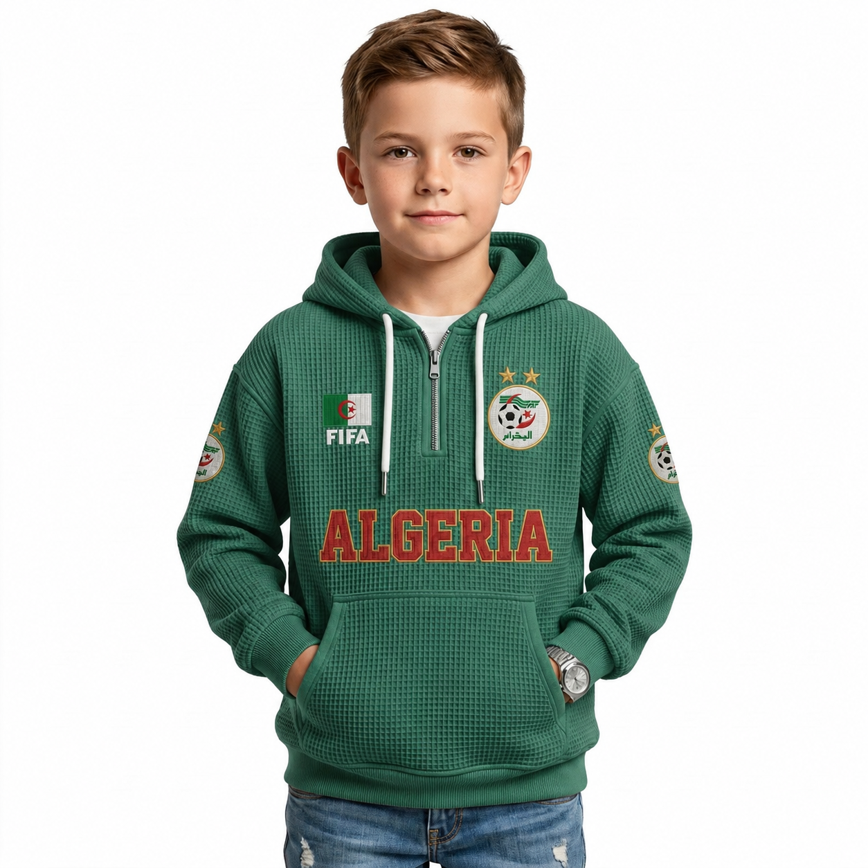 FIFA 2026 Algeria Printed Waffle Quarter Zip Kids Football Fan Hoodie