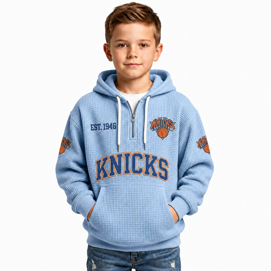 New York Knicks EST 1946 Kids Baseball Fan Printed Waffle Quarter Zip Hoodie