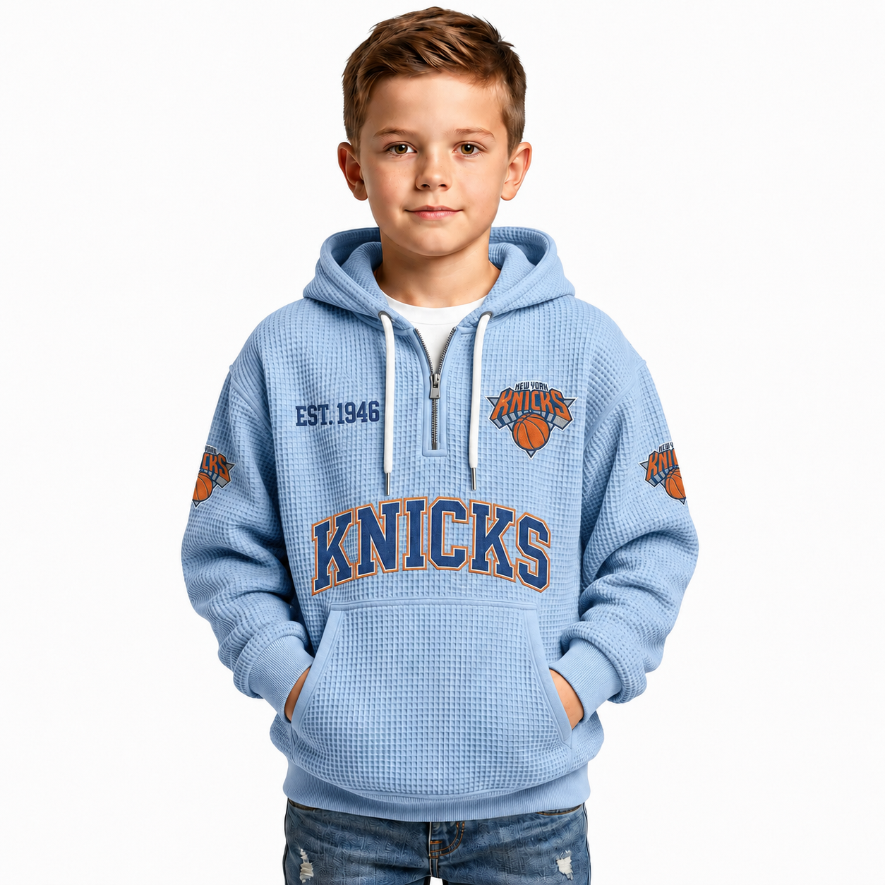 New York Knicks EST 1946 Kids Baseball Fan Printed Waffle Quarter Zip Hoodie