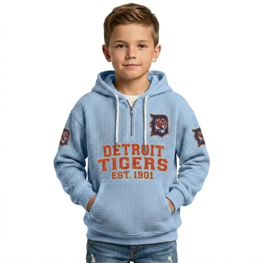 Detroit Tigers EST 1901 Kids Baseball Fan Printed Waffle Quarter Zip Hoodie