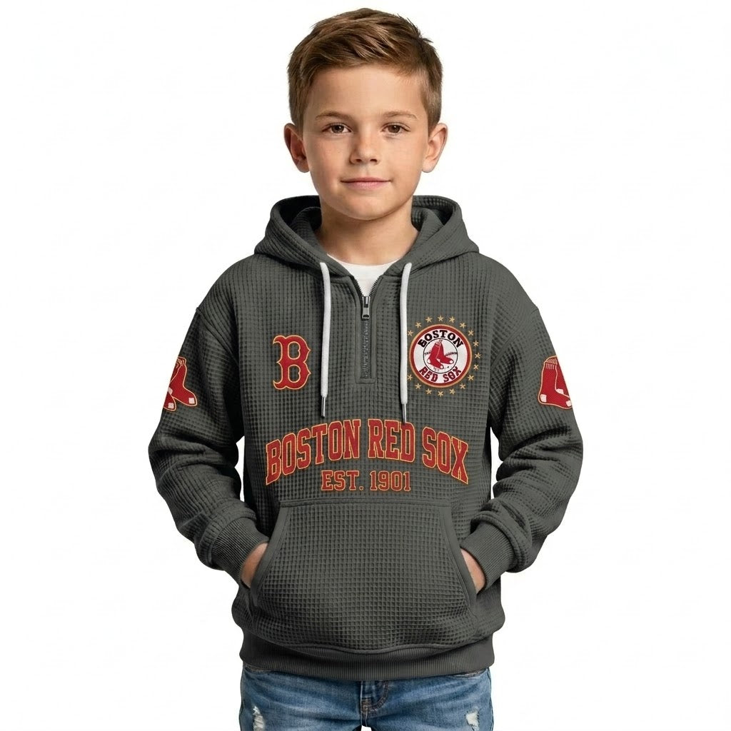 Boston Red Sox EST 1901 Kids Baseball Fan Printed Waffle Quarter Zip Hoodie