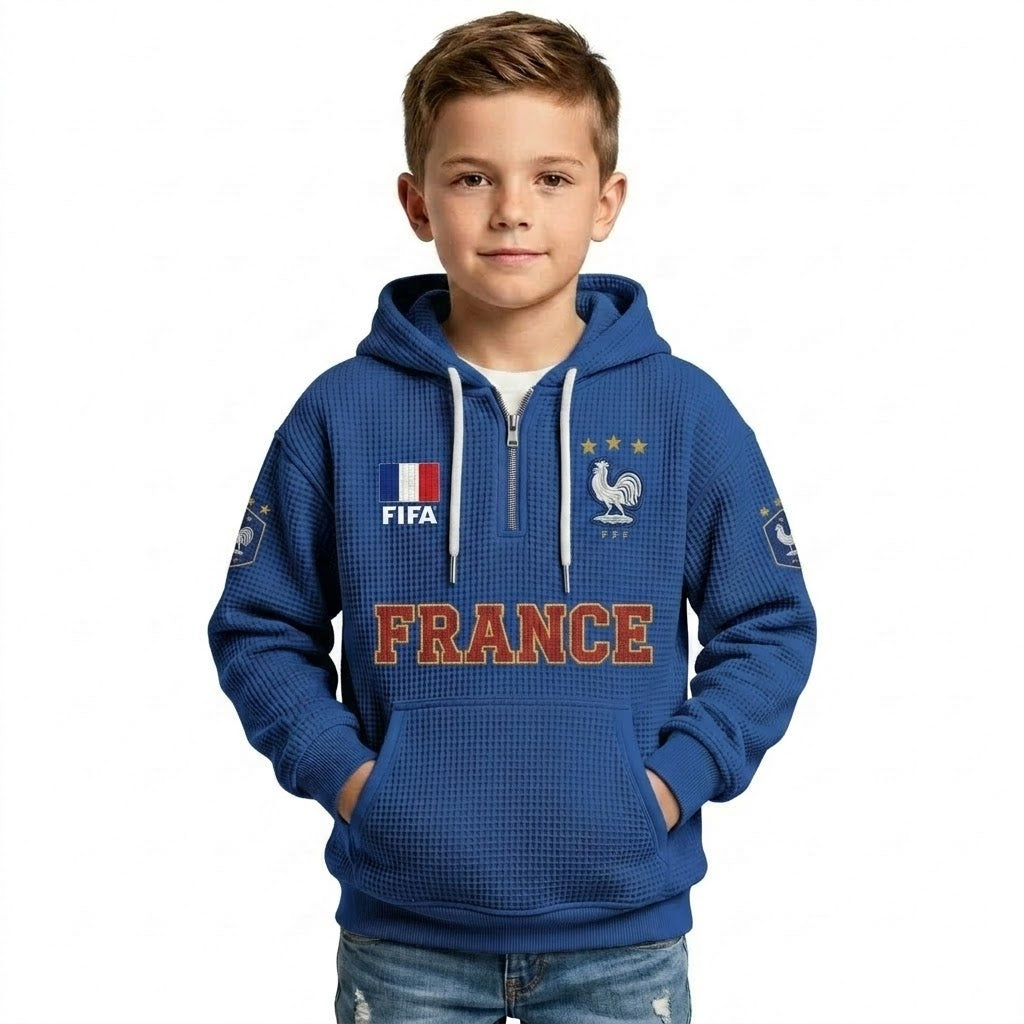 FIFA 2026 France Printed Waffle Quarter Zip Kids Football Fan Hoodie
