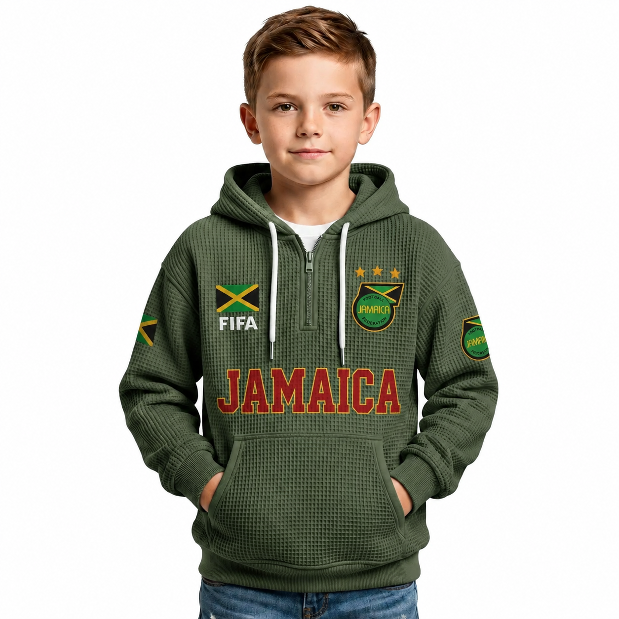 FIFA 2026 Jamaica Printed Waffle Quarter Zip Kids Football Fan Hoodie