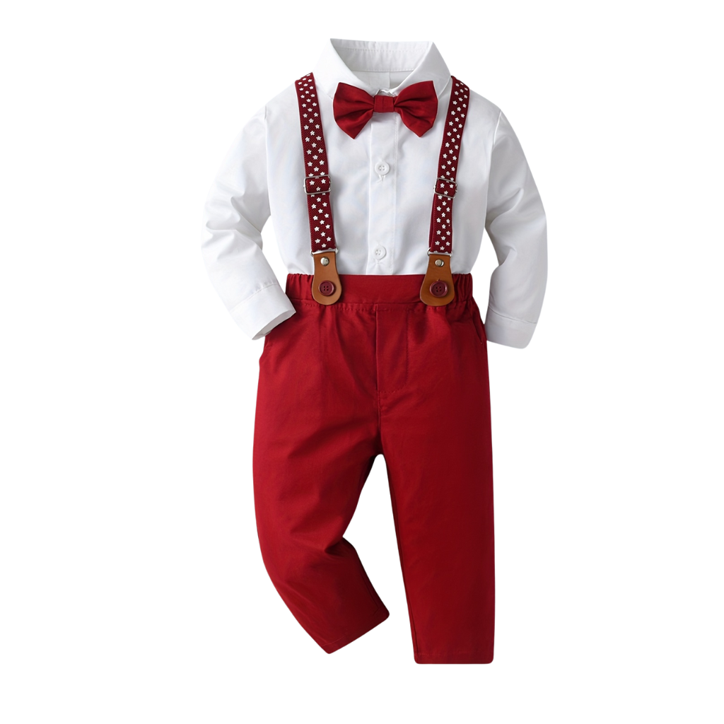 Boys Two Piece Outfit With Bow Tie And Suspenders