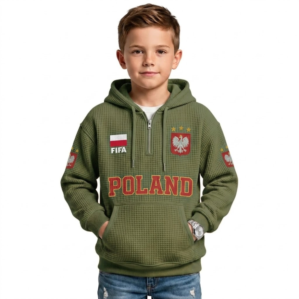 FIFA 2026 Poland Printed Waffle Quarter Zip Kids Football Fan Hoodie