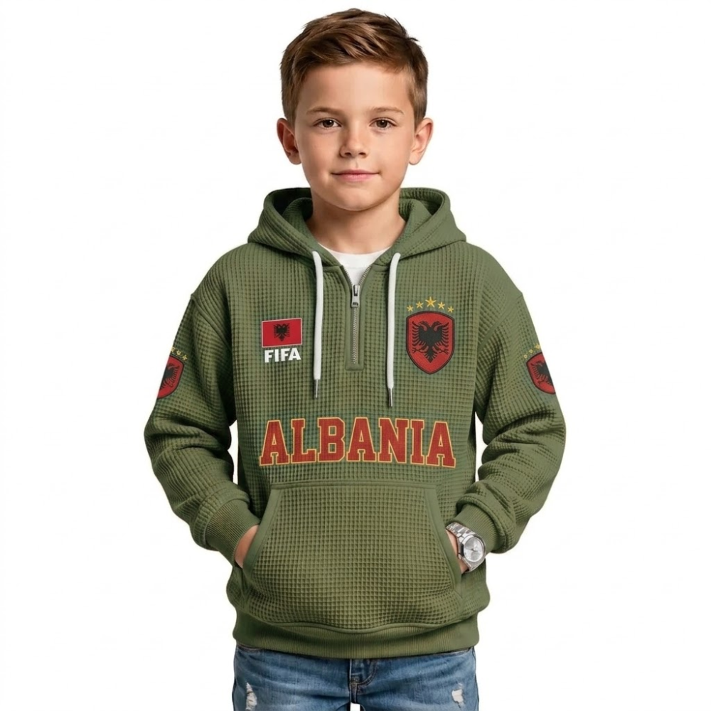 FIFA 2026 Albania Printed Waffle Quarter Zip Kids Football Fan Hoodie