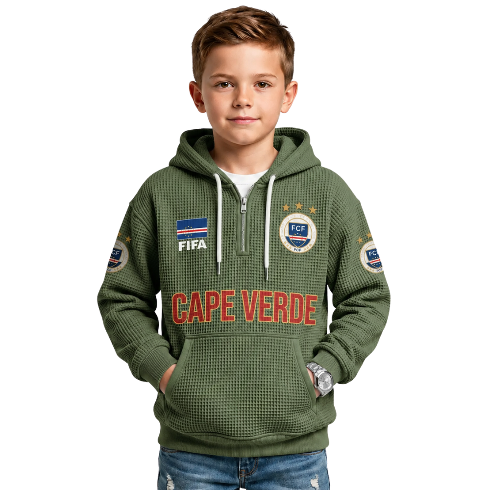 FIFA 2026 Cape Verde Printed Waffle Quarter Zip Kids Football Fan Hoodie