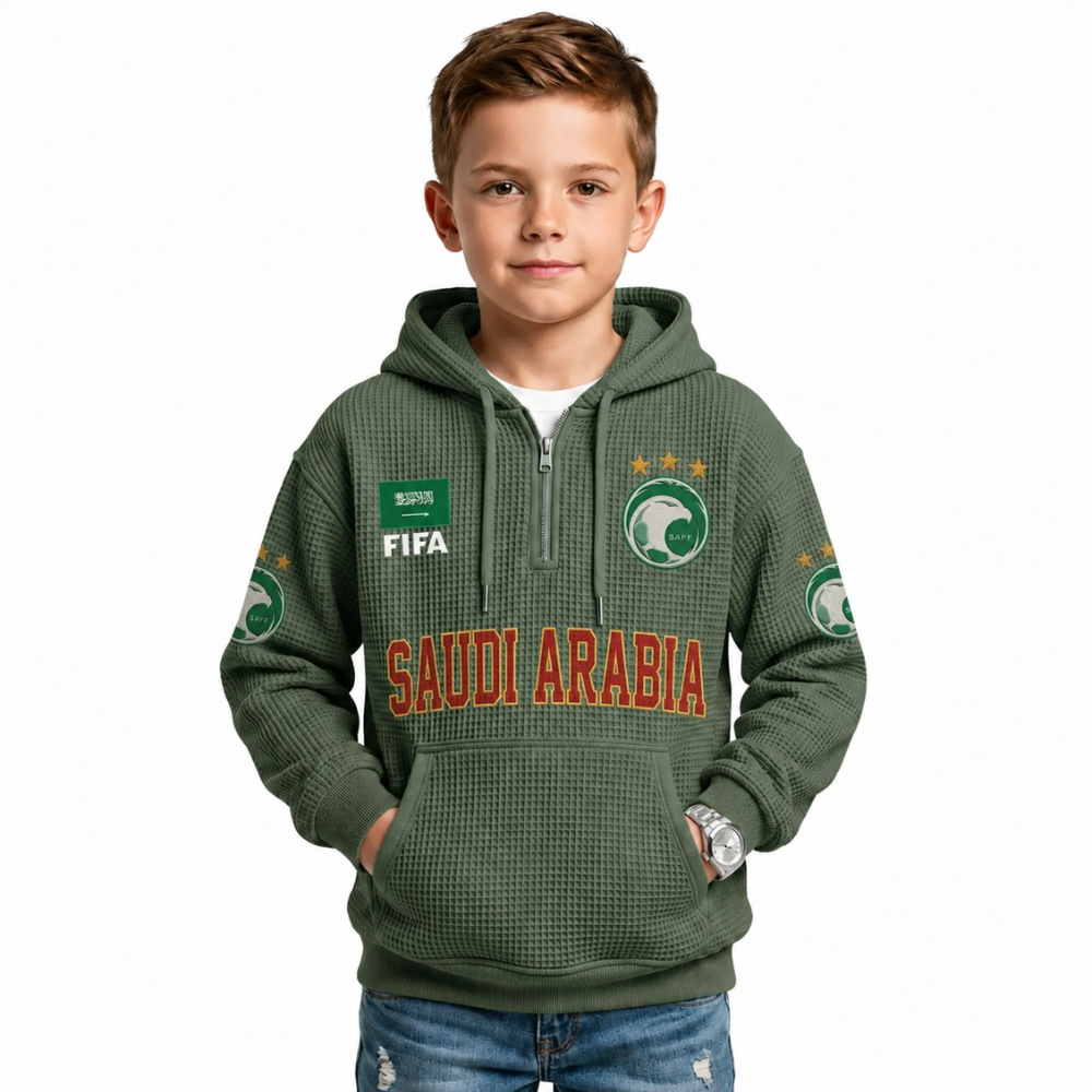 FIFA 2026 Saudi Arabia Printed Waffle Quarter Zip Kids Football Fan Hoodie