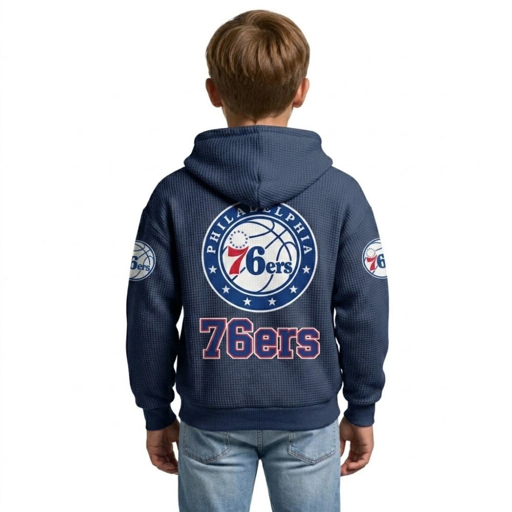 Philadelphia 76ers EST 1946 Kids Baseball Fan Printed Waffle Quarter Zip Hoodie