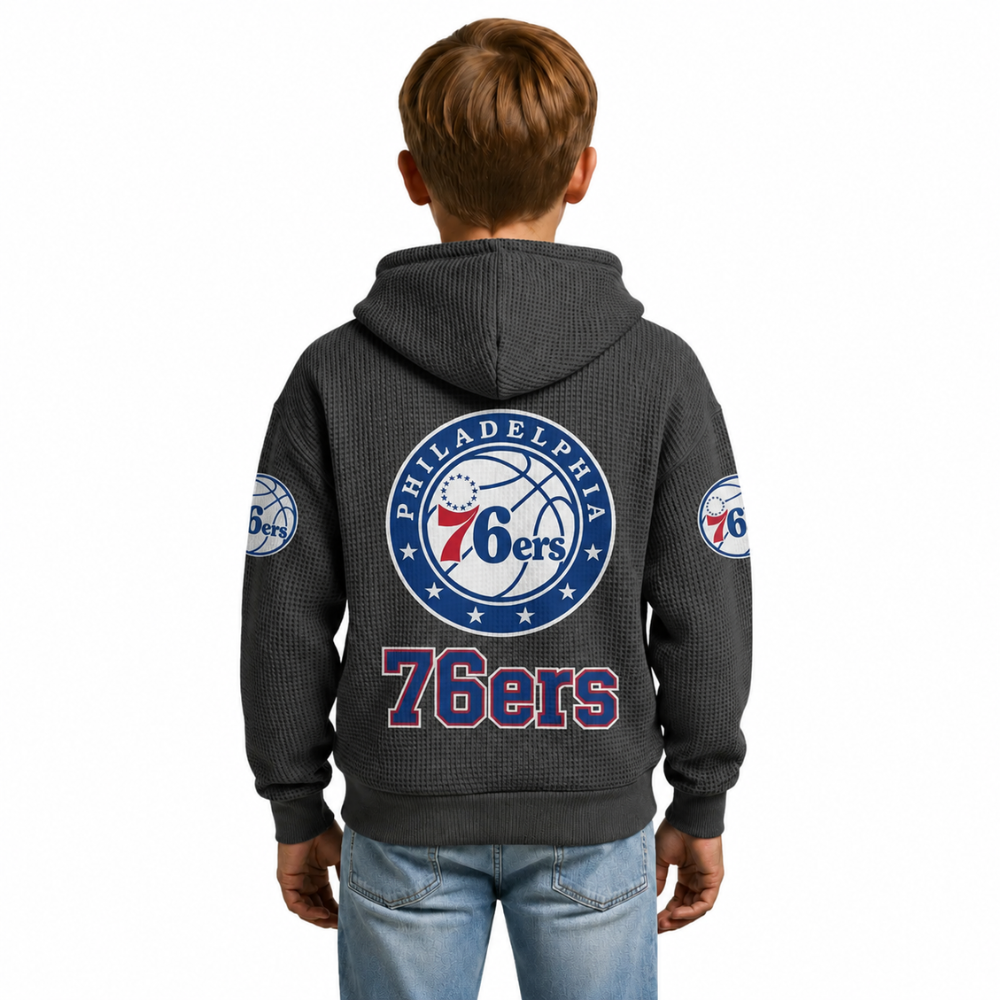 Philadelphia 76ers EST 1946 Kids Baseball Fan Printed Waffle Quarter Zip Hoodie