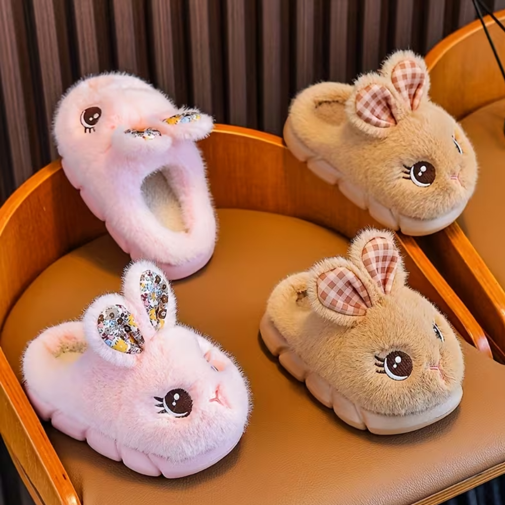Kids Plush Bunny Slip On Slippers With Warm Lining And PVC Sole