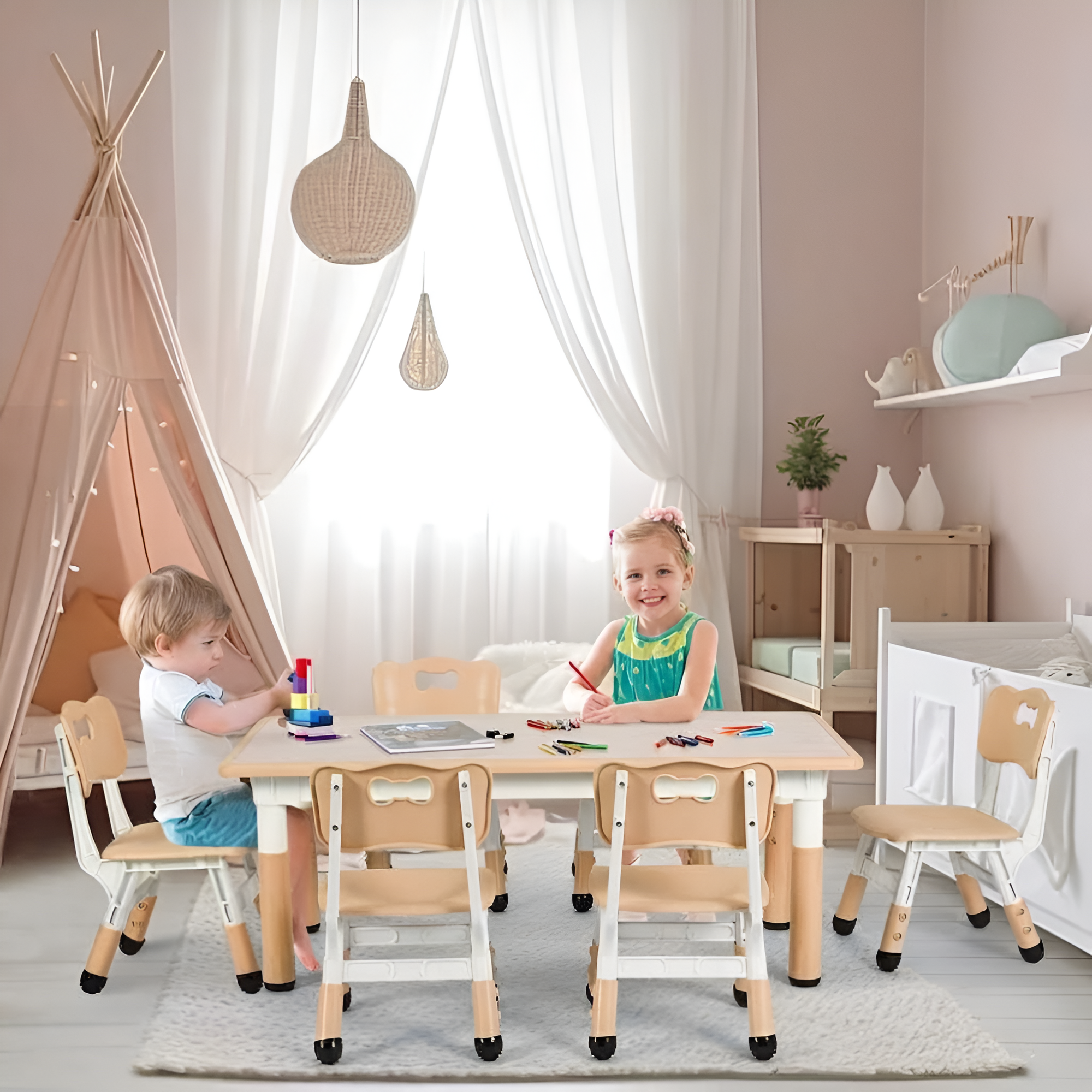 Kids Adjustable Table And 6 Chairs Set