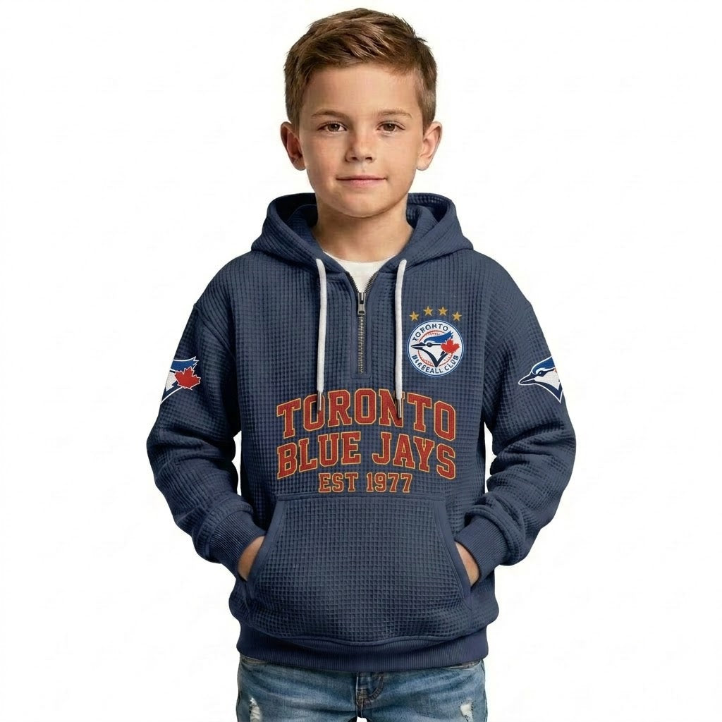 Toronto Blue Jays EST 1977 Kids Baseball Fan Printed Waffle Quarter Zip Hoodie