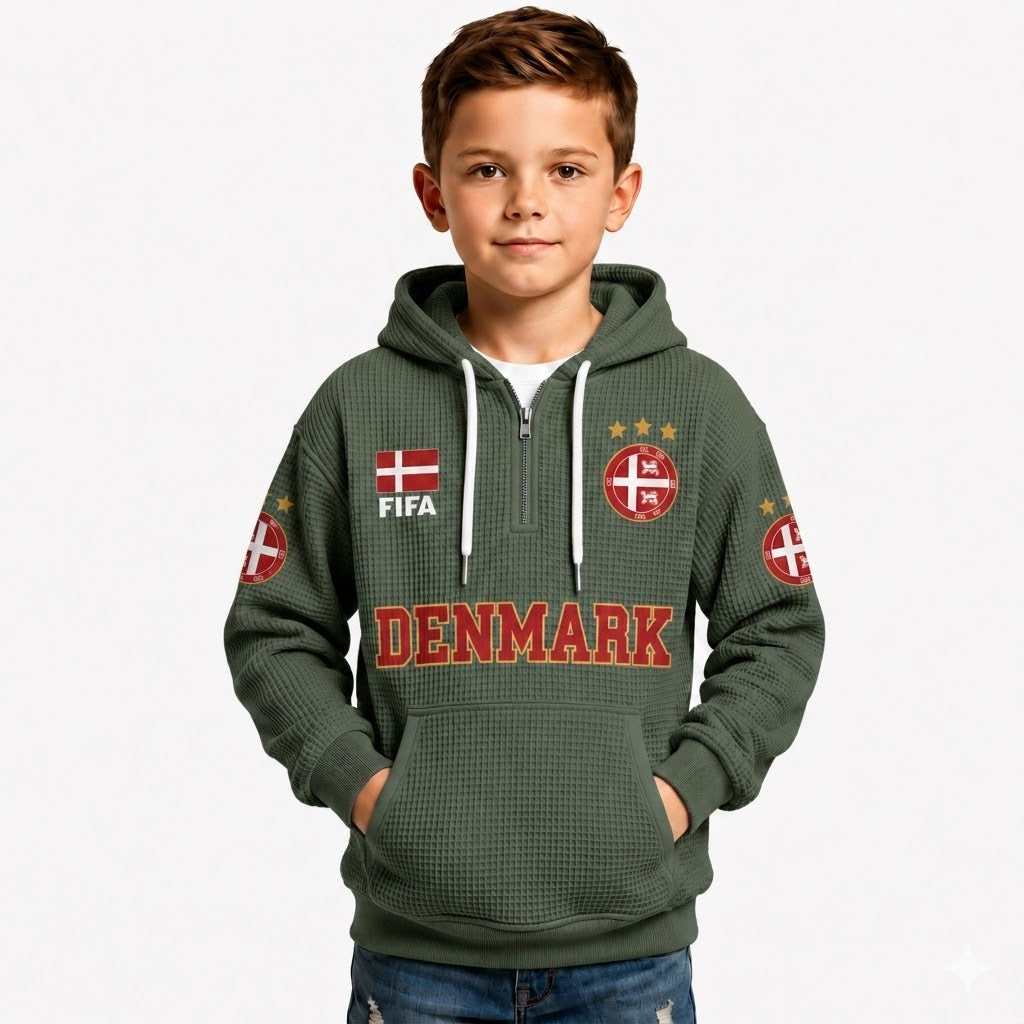 FIFA 2026 Denmark Printed Waffle Quarter Zip Kids Football Fan Hoodie