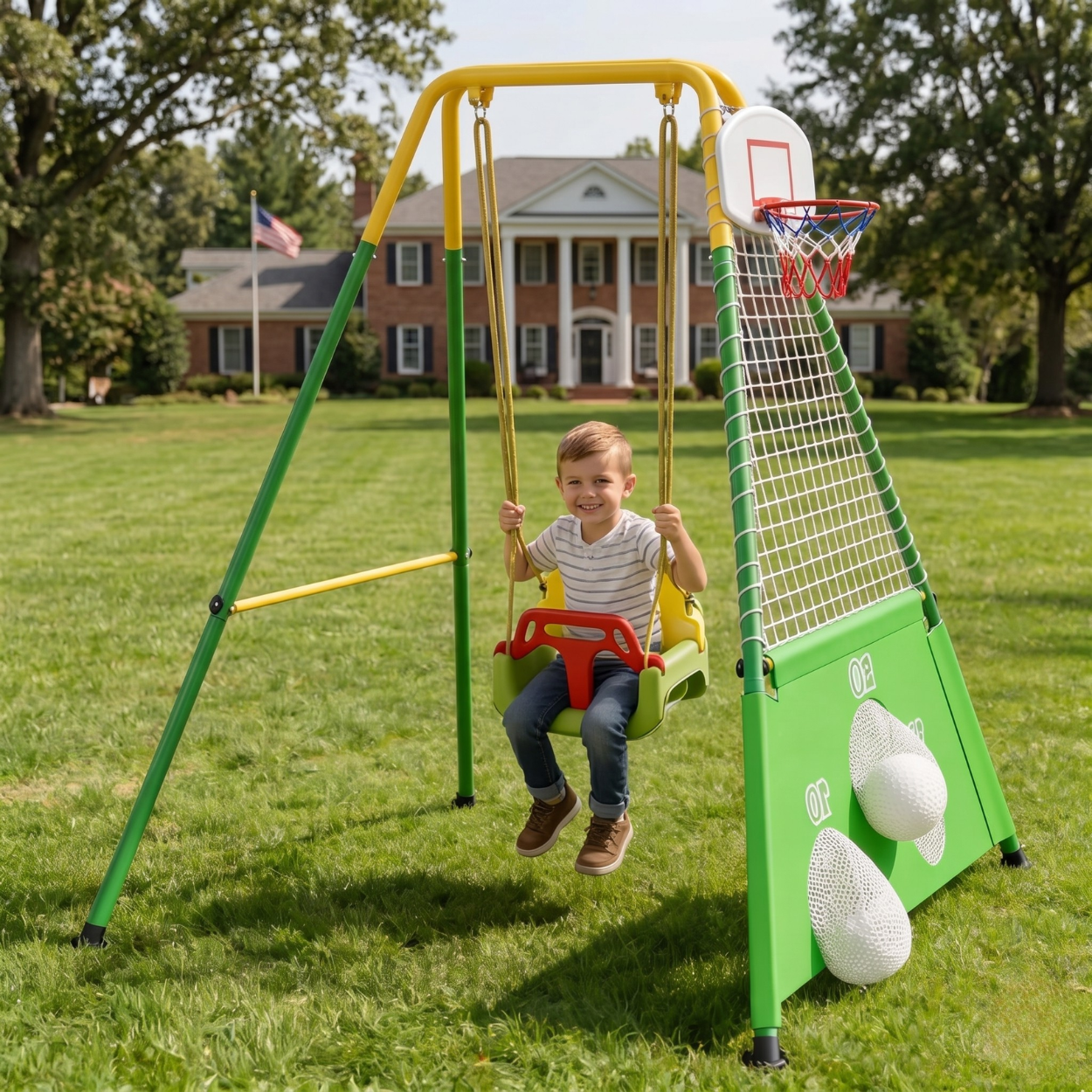 3 In 1 Toddler Swing Set With Basketball Hoop And Soccer Goals With Foldable Metal Stand