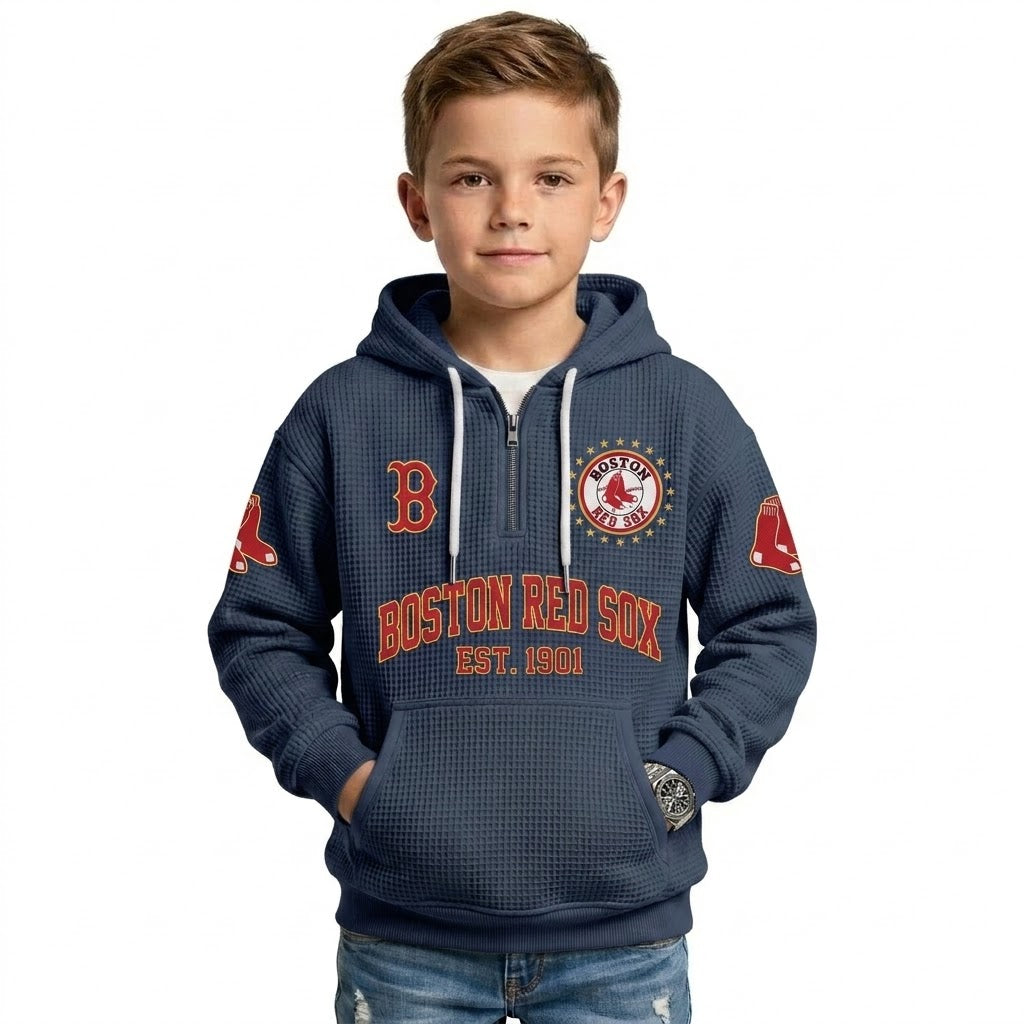 Boston Red Sox EST 1901 Kids Baseball Fan Printed Waffle Quarter Zip Hoodie