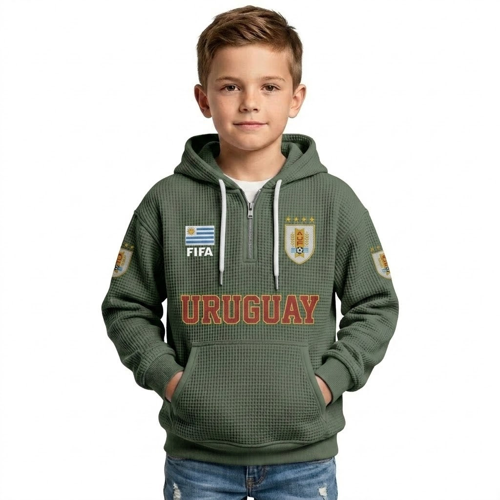 FIFA 2026 Uruguay Printed Waffle Quarter Zip Kids Football Fan Hoodie