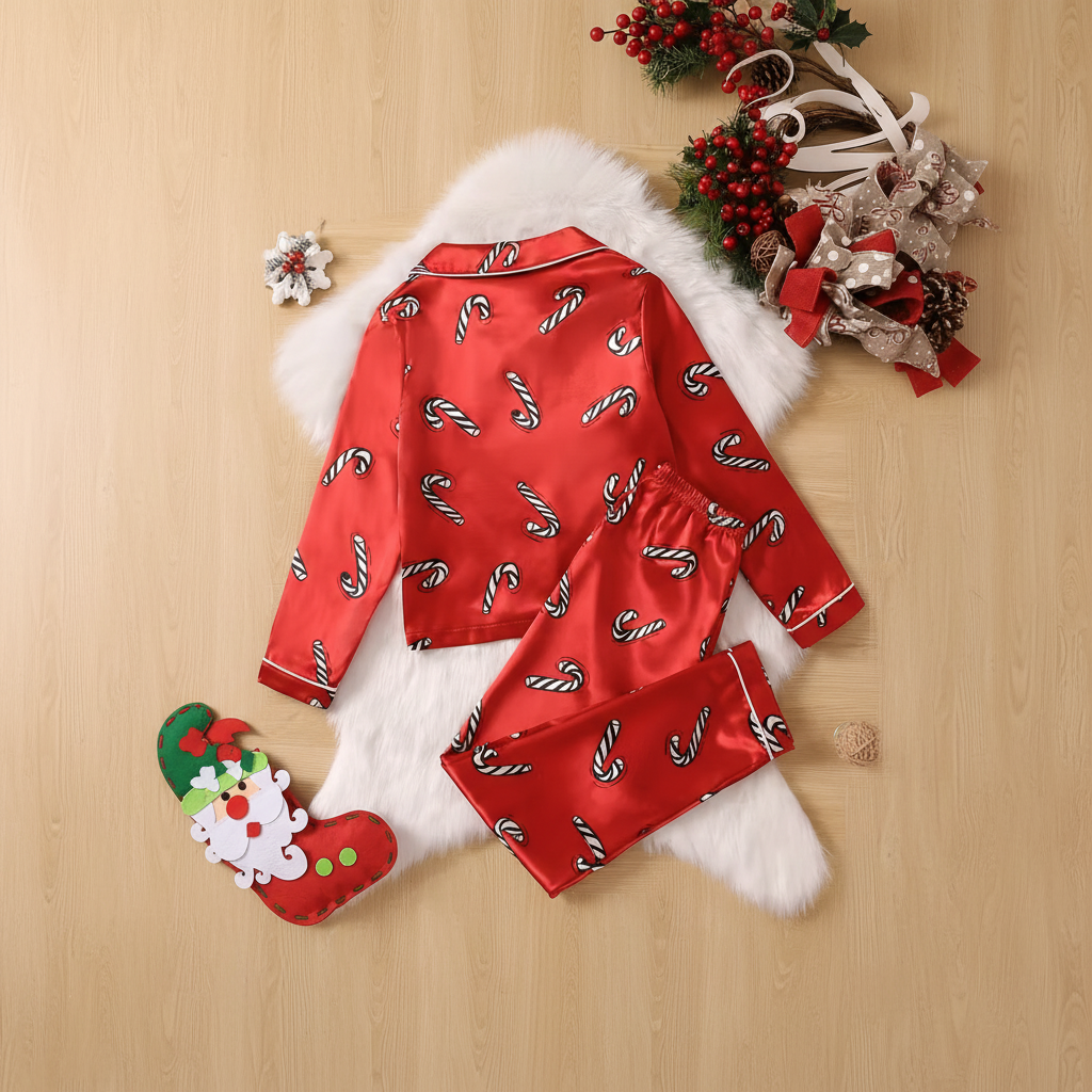 Kids Satin Christmas Pajama Set With Candy Cane Print