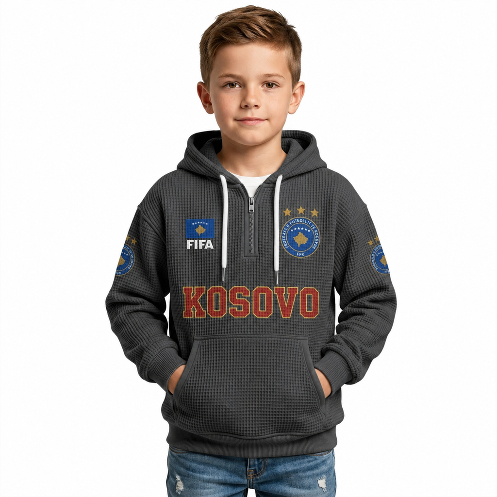 FIFA 2026 Kosovo Printed Waffle Quarter Zip Kids Football Fan Hoodie