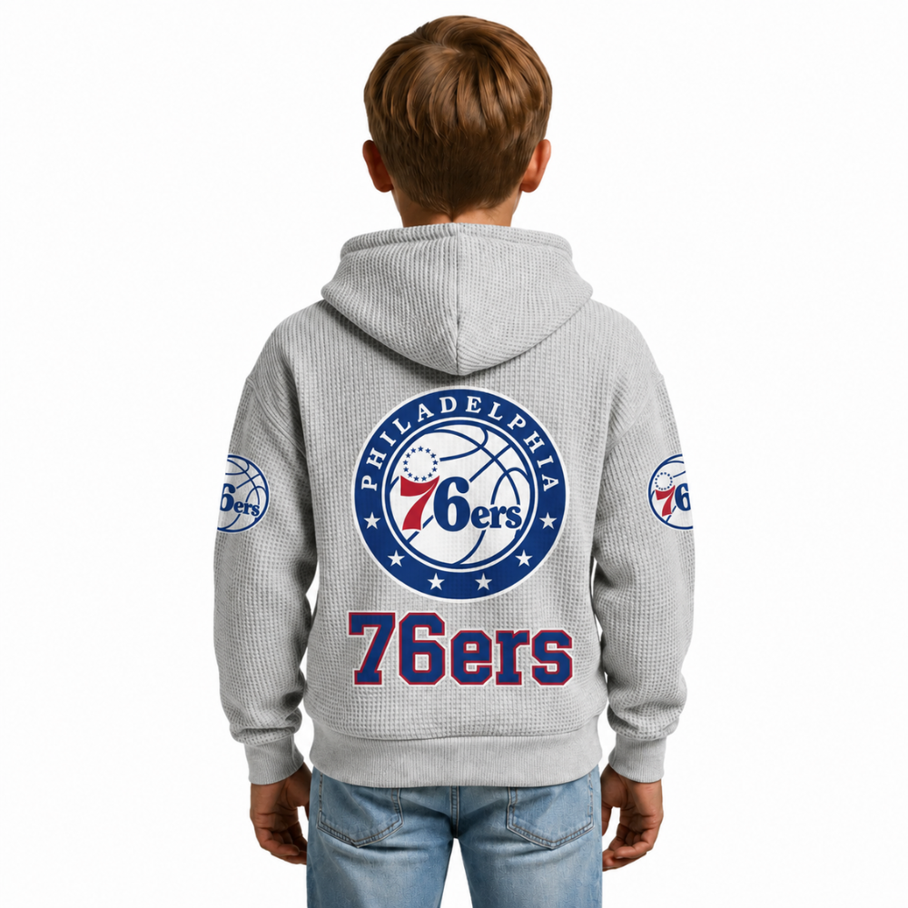 Philadelphia 76ers EST 1946 Kids Baseball Fan Printed Waffle Quarter Zip Hoodie