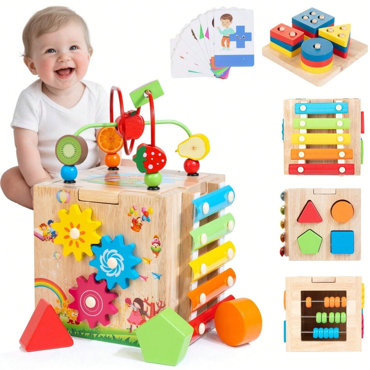 Toddlers 8 In 1 Wooden Baby Activity Cube Xylophone Shape Sorter Abacus