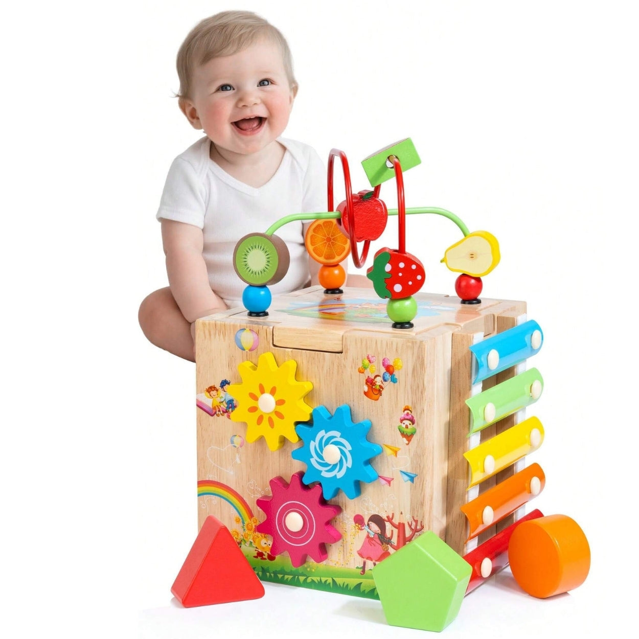 Toddlers 8 In 1 Wooden Baby Activity Cube Xylophone Shape Sorter Abacus