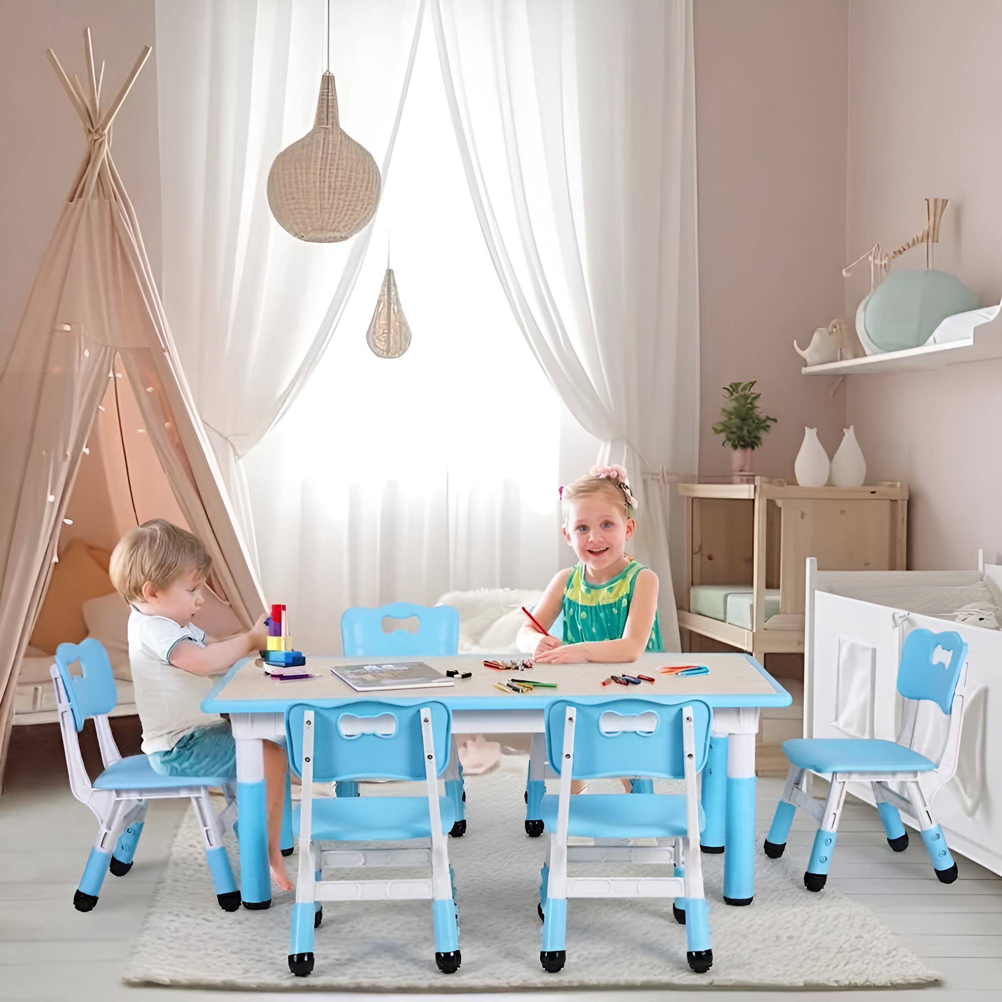Kids Adjustable Table And 6 Chairs Set