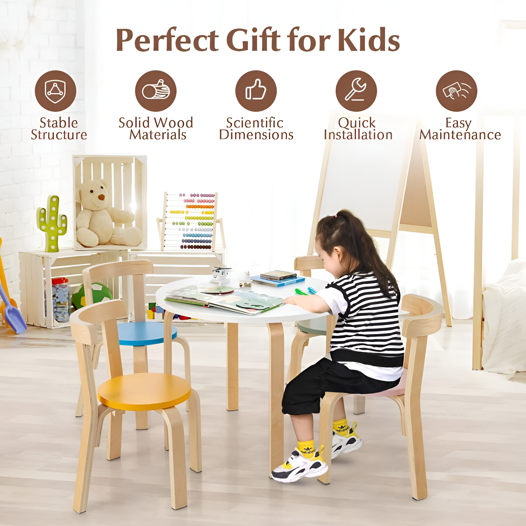 5 Piece Kids Wooden Curved Activity Table And Chair Set