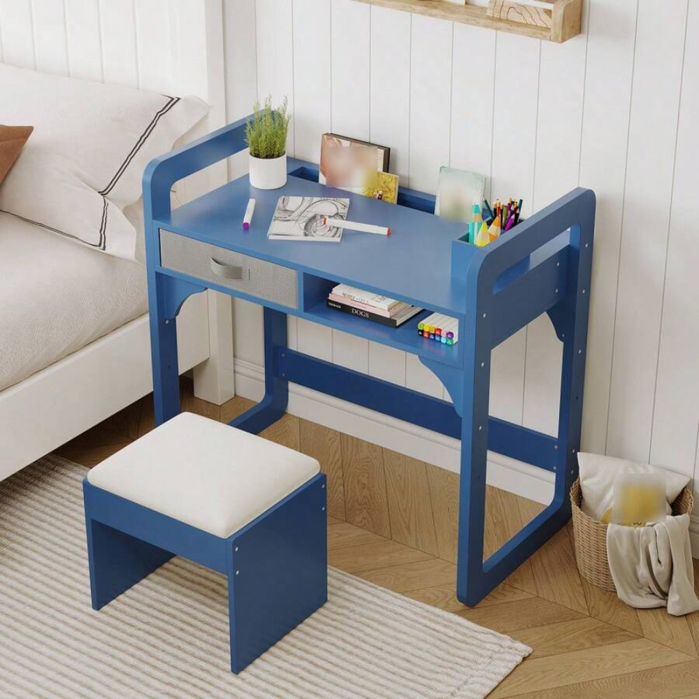 Kids Study Desk And Chair Set With Storage Drawer With Soft Stool