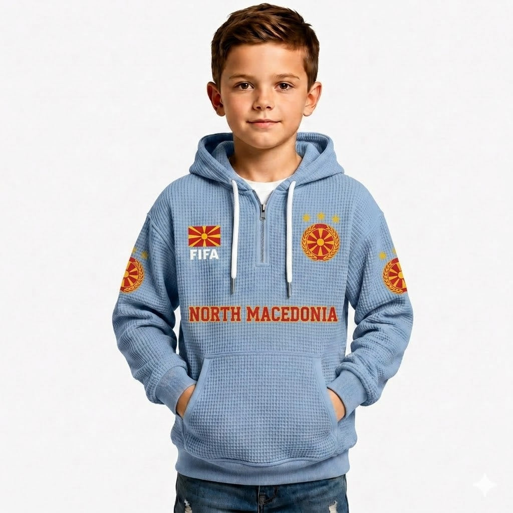 FIFA 2026 North Macedonia Printed Waffle Quarter Zip Kids Football Fan Hoodie
