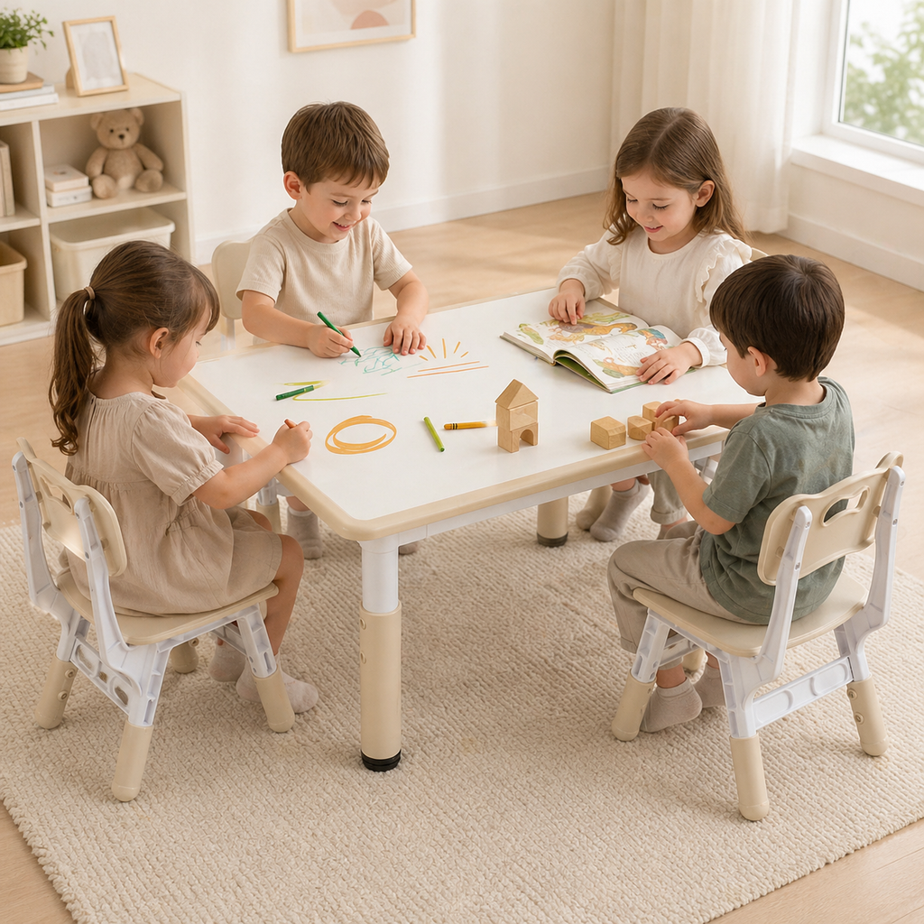 Kids Study Table And Chairs Set With Height Adjustable Design