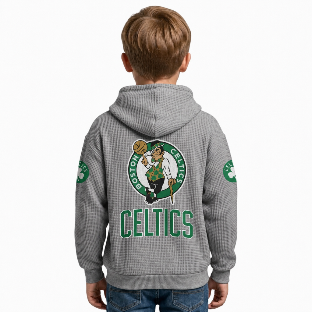 Boston Celtics EST 1946 Kids Baseball Fan Printed Waffle Quarter Zip Hoodie