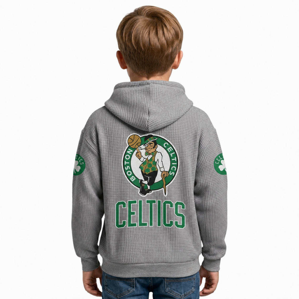 Boston Celtics EST 1946 Kids Baseball Fan Printed Waffle Quarter Zip Hoodie