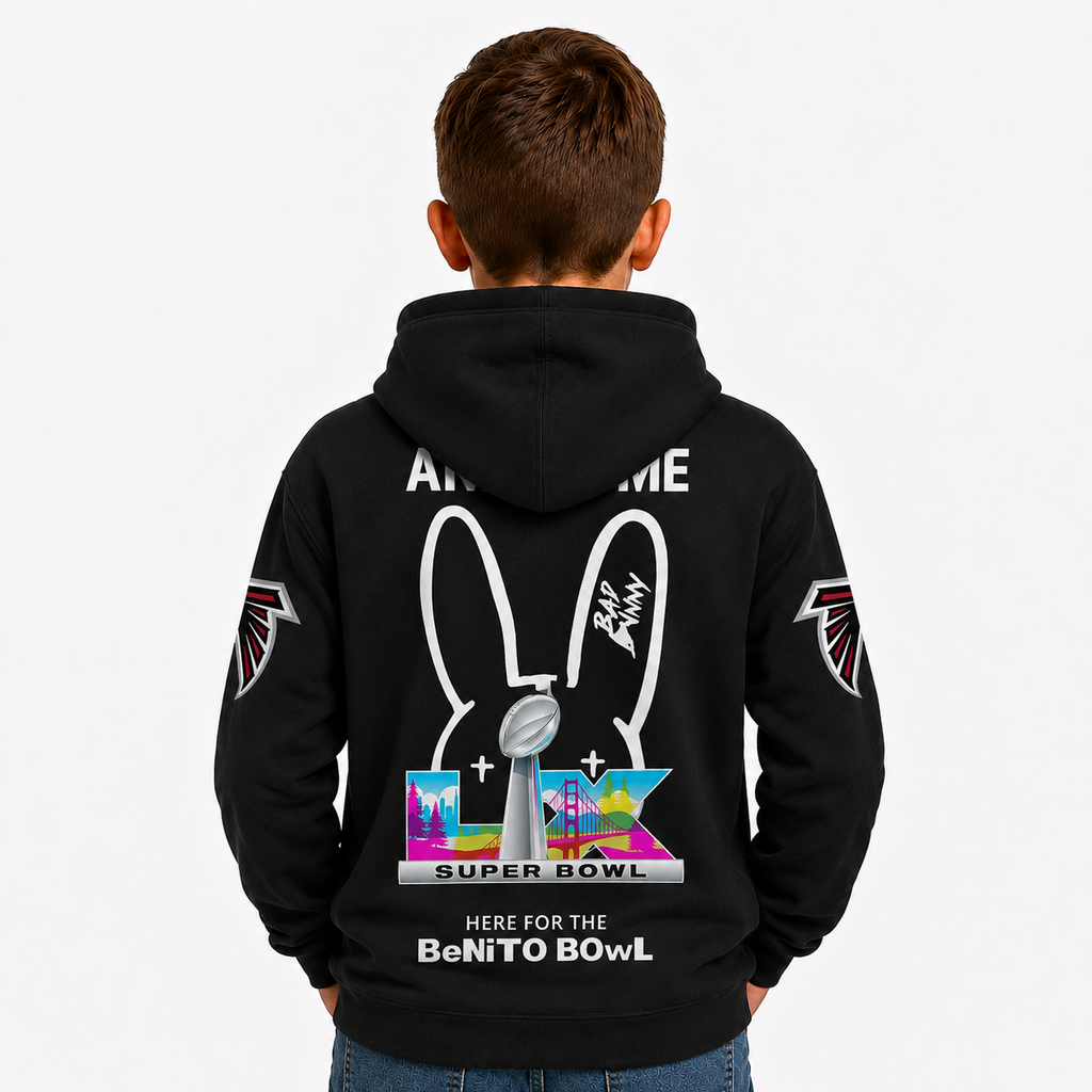 Personalized Bad Bunny Bowl LX Inspired Atlanta Falcons Kids Football Fan Hoodie