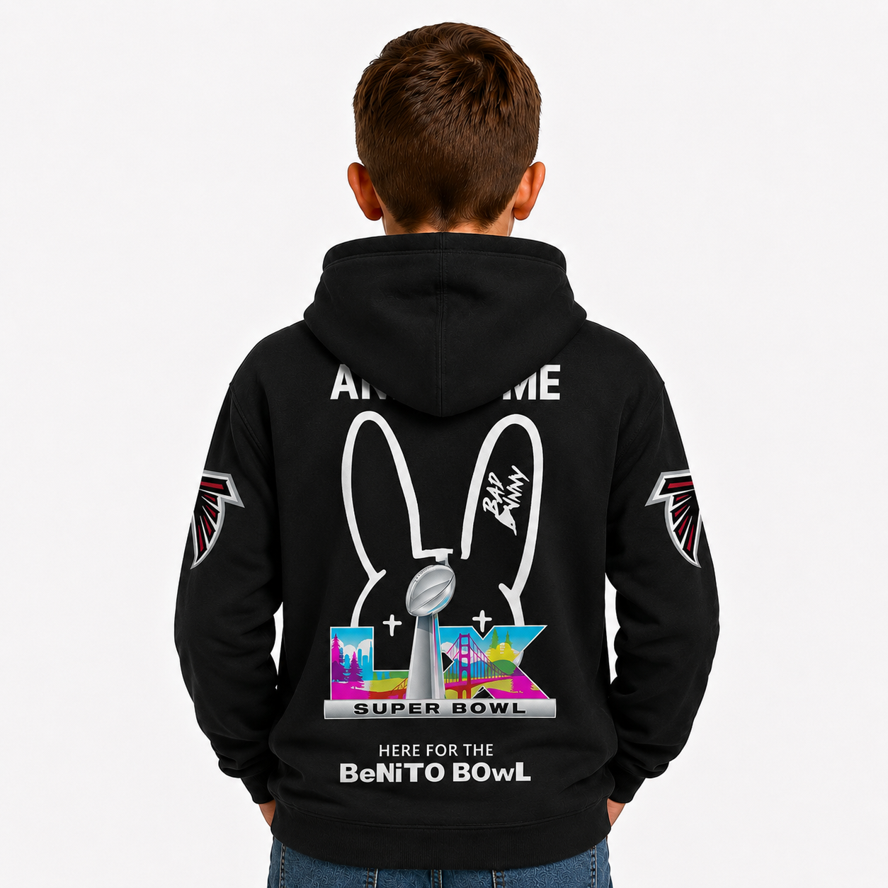 Personalized Bad Bunny Bowl LX Inspired Atlanta Falcons Kids Football Fan Hoodie