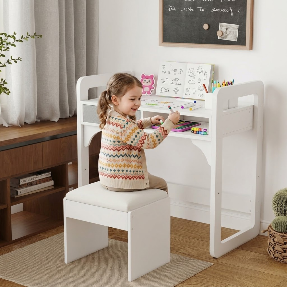 Kids Study Desk And Chair Set With Storage Drawer With Soft Stool