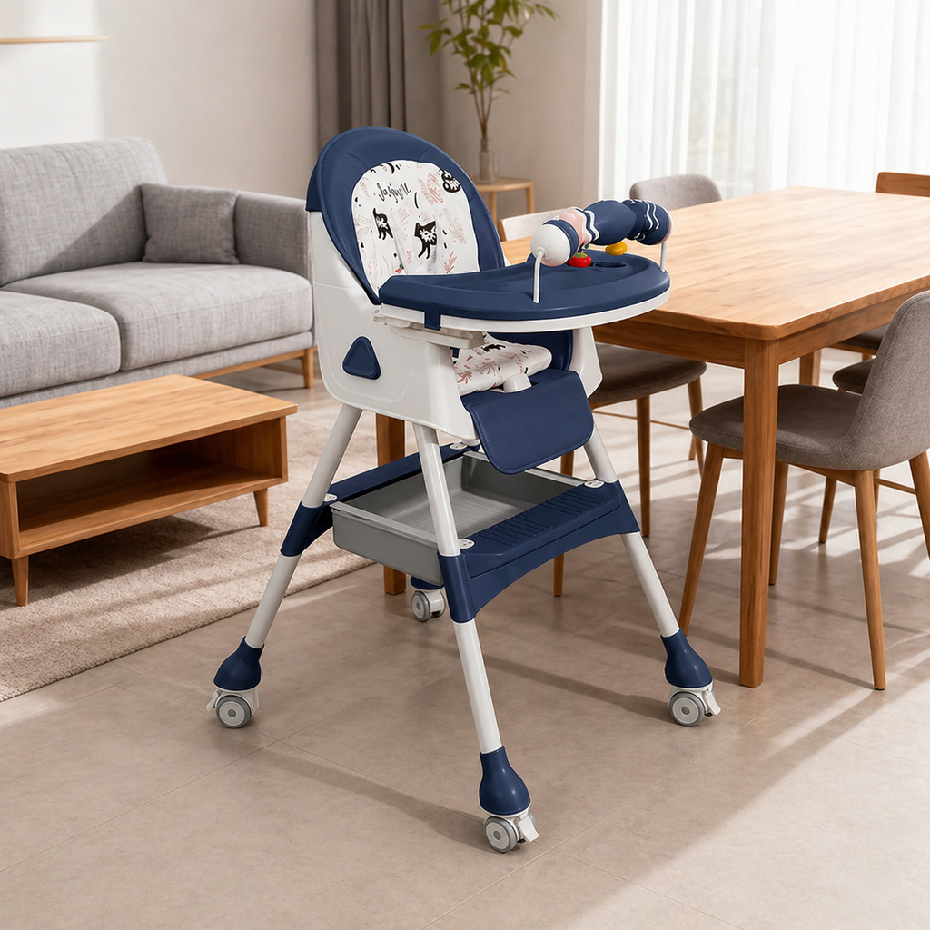 Kids Foldable Adjustable Recline Footrest High Chair With Double Tray And Locking Wheels Gift