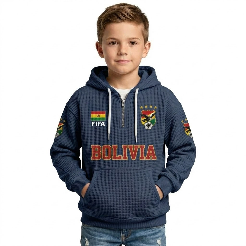 FIFA 2026 Bolivia Printed Waffle Quarter Zip Kids Football Fan Hoodie