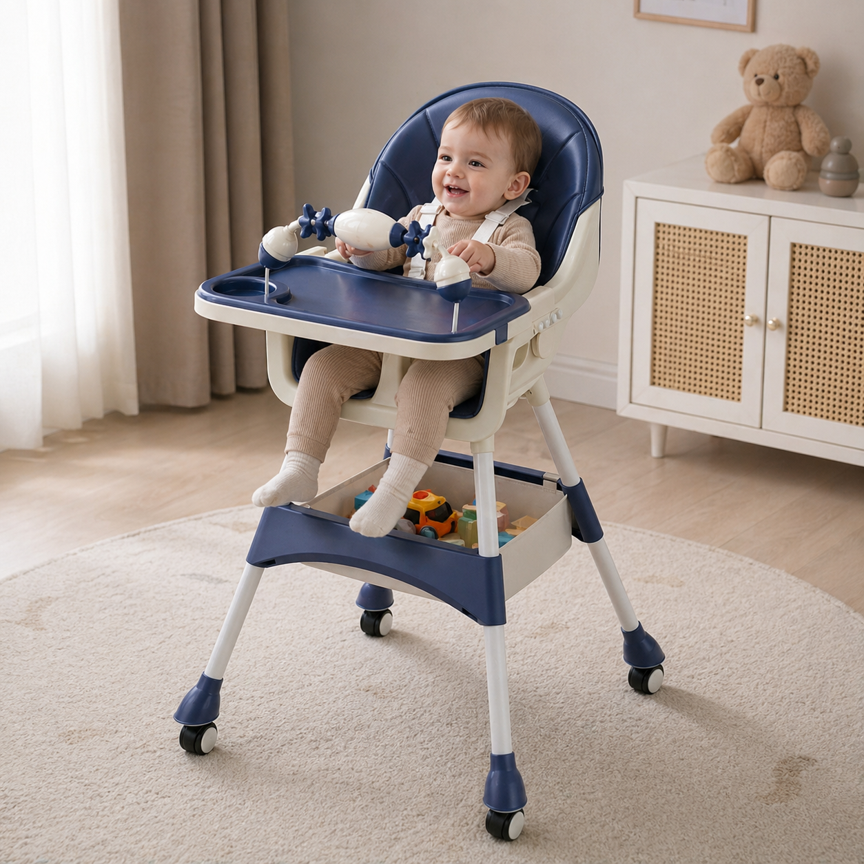 Babies And Toddlers Portable Multi Functional High Chair Lock Wheels