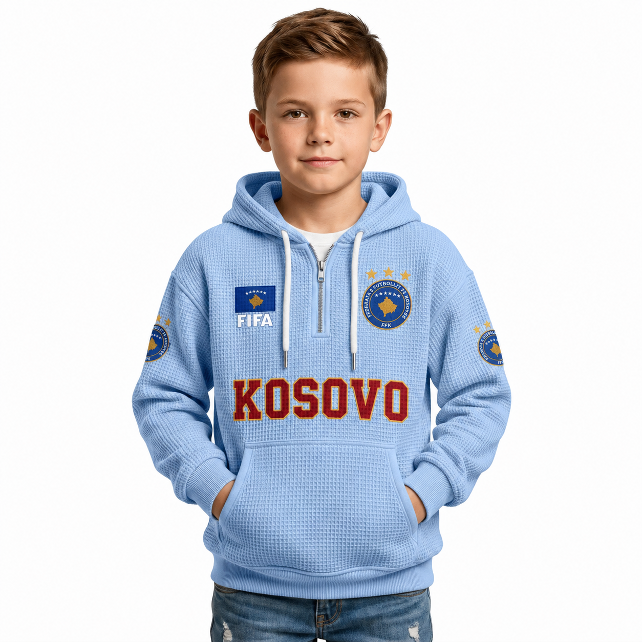 FIFA 2026 Kosovo Printed Waffle Quarter Zip Kids Football Fan Hoodie