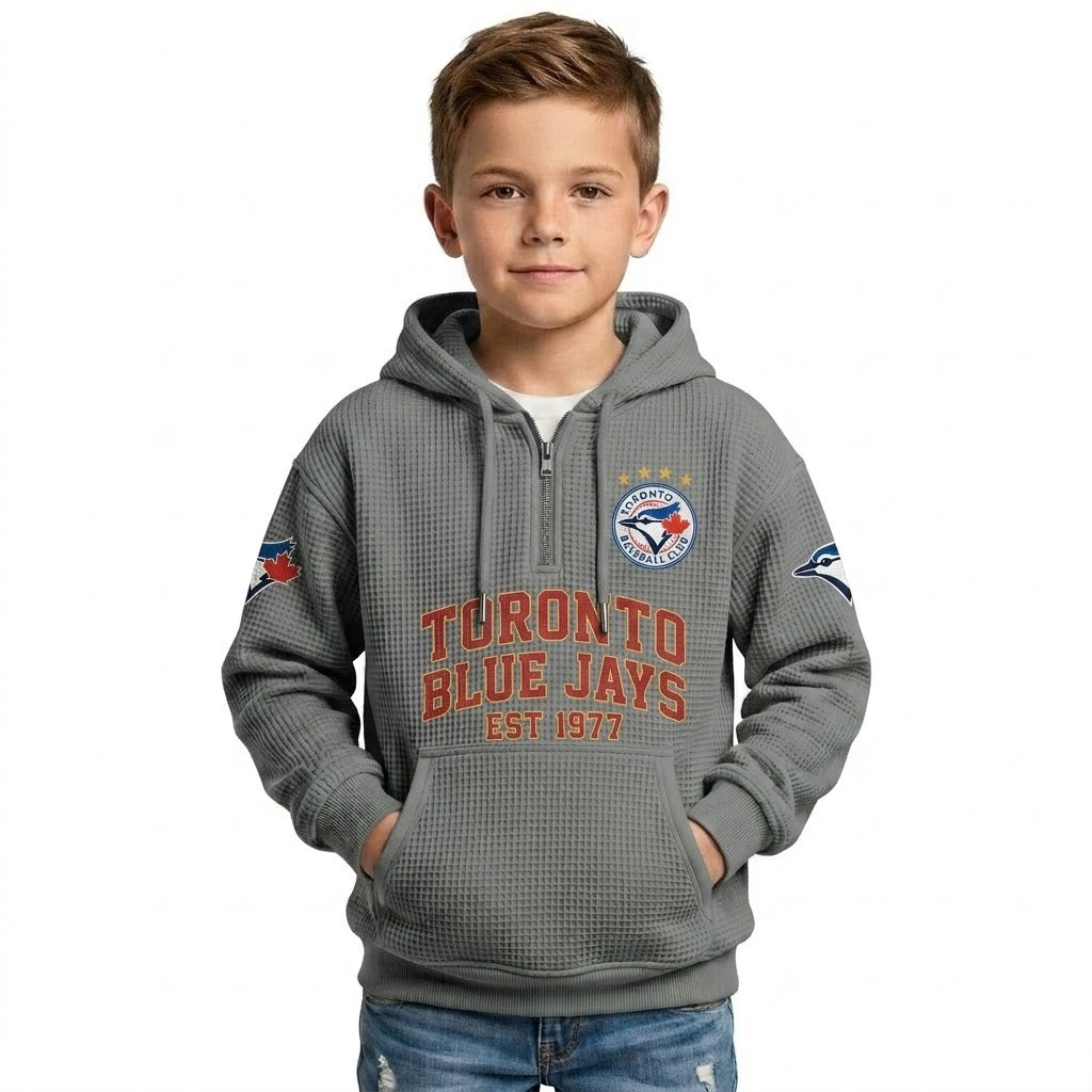 Toronto Blue Jays EST 1977 Kids Baseball Fan Printed Waffle Quarter Zip Hoodie