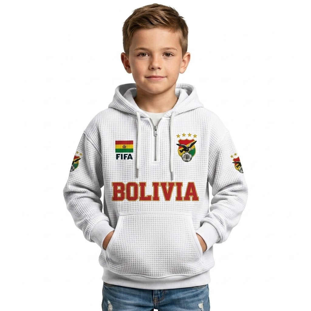 FIFA 2026 Bolivia Printed Waffle Quarter Zip Kids Football Fan Hoodie