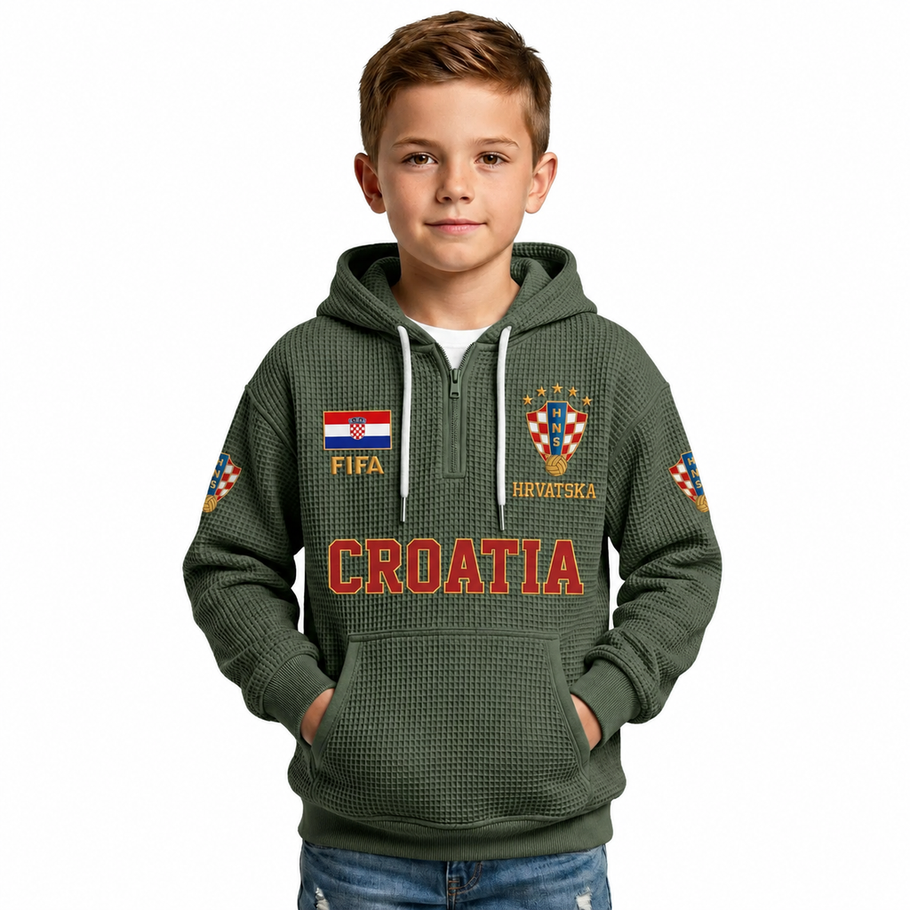 FIFA 2026 Croatia Printed Waffle Quarter Zip Kids Football Fan Hoodie