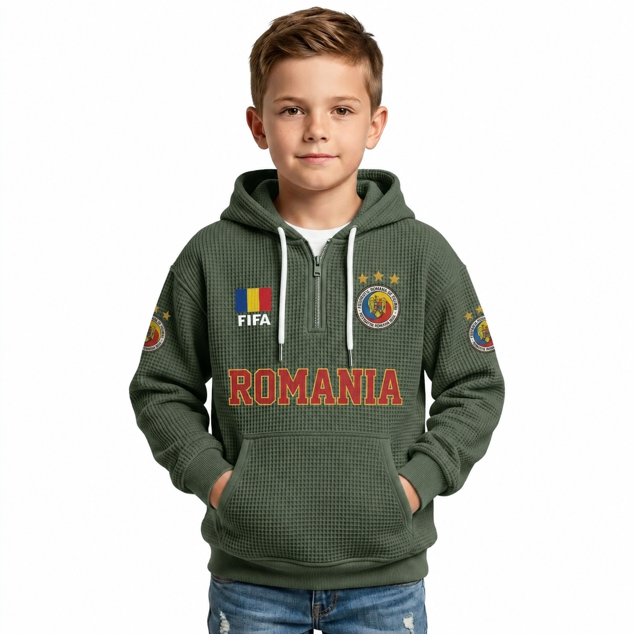 FIFA 2026 Romania Printed Waffle Quarter Zip Kids Football Fan Hoodie